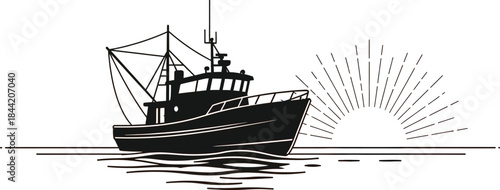 Black silhouette of a fishing boat on the water at sunrise with sun rays
