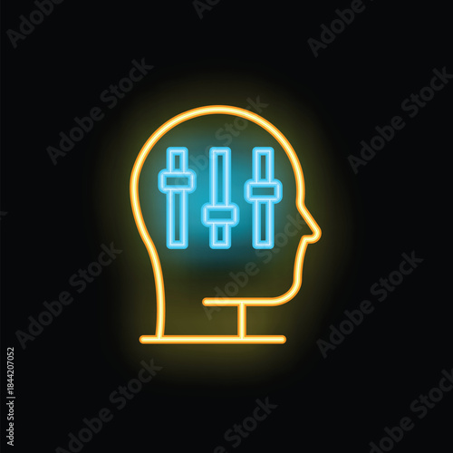 Neon sign depicting a human head silhouette with settings sliders, symbolizing self improvement and personal growth