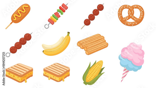 Assortment of popular street food and snacks, including corn dogs, skewers, pretzels, and cotton candy