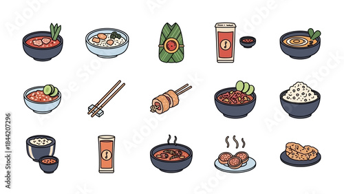 A colorful collection of traditional Asian dishes and beverages, showcasing diverse culinary delights