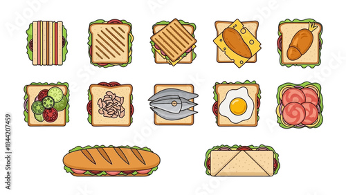 A delightful collection of colorful, top-down illustrations featuring a variety of popular sandwiches and wraps