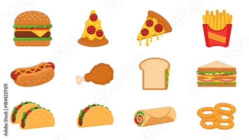 Collection of delicious fast food icons including burger, hot dog, pizza, fries, tacos, sandwich, chicken, and onion rings