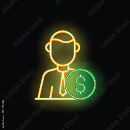 Neon sign of a businessman with a dollar coin, a concept for investment, business success, and financial growth