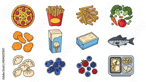 A diverse collection of various food items, including fast food, frozen meals, fruits, and fresh produce