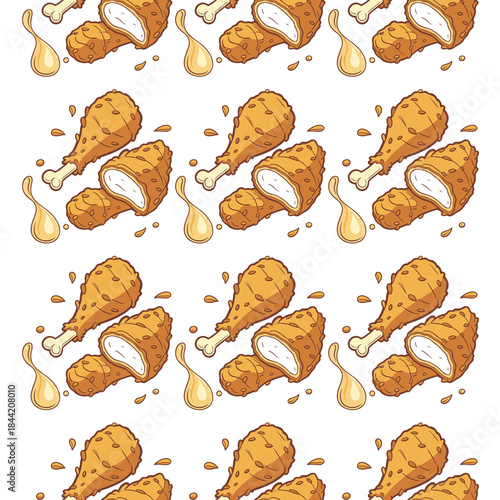 Seamless fried chicken drumstick pattern with sauce splashes on transparent.