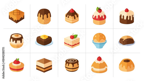 Collection of sweet baked goods and desserts, including cakes, pastries, and muffins, presented in a charming flat icon style
