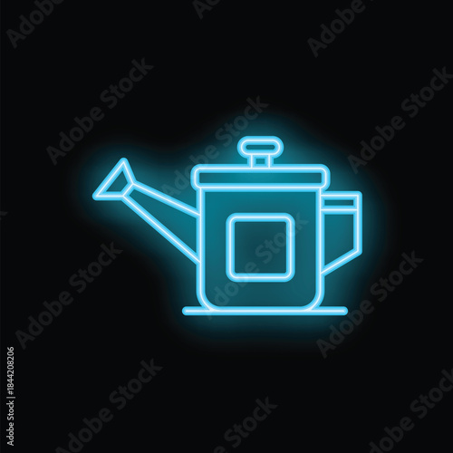 Blue neon sign of a watering can glowing on a black background