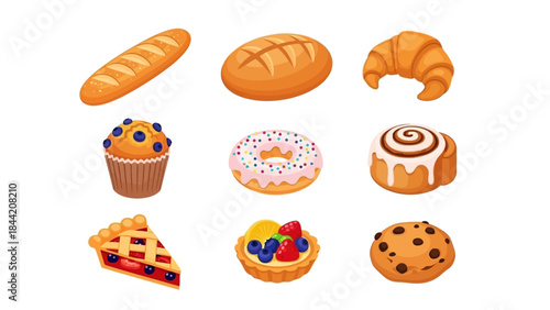 Assortment of freshly baked goods including bread, pastries, cake, donuts, and cookies for a delightful bakery treat