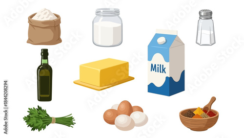Collection of essential baking ingredients and cooking staples displayed on a white background, including flour, milk, butter, eggs, oil, herbs, and spices
