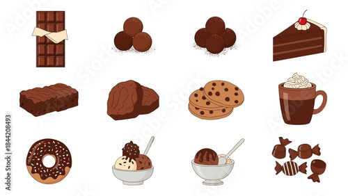 A delicious collection of sweet chocolate treats and desserts, including bars, cookies, cakes, donuts, ice cream, and candies