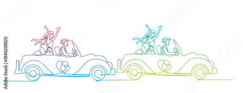 Gradient color line drawing, happy man and woman riding in a wedding car.vector illustration