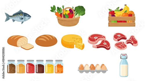 Variety of food items including fresh produce, meats, dairy, bread, and fish, displayed in an organized collection