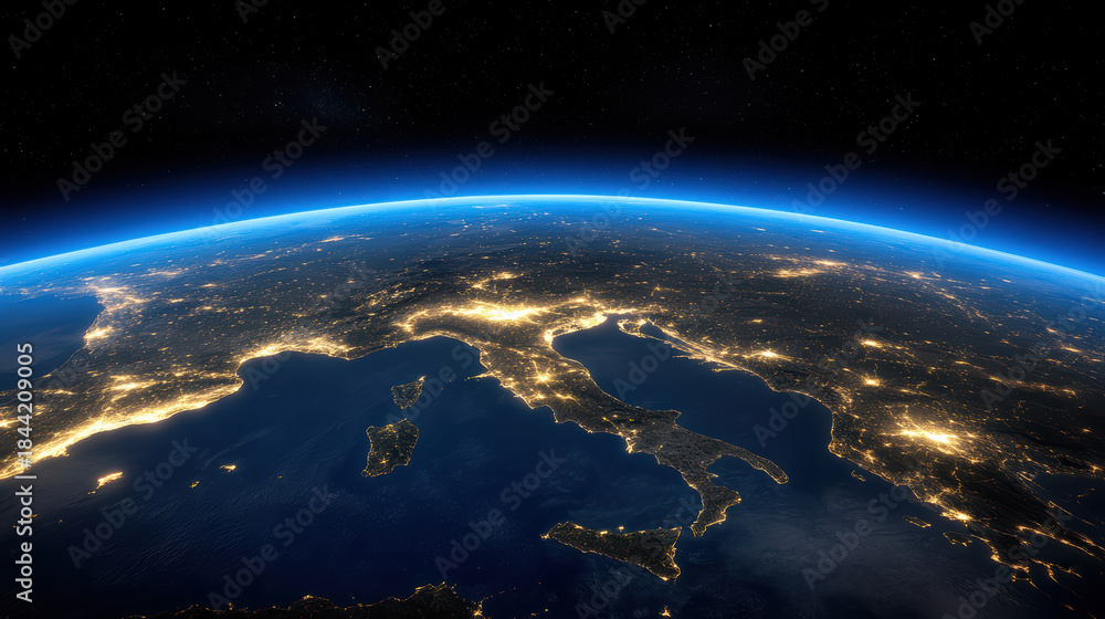 Obraz premium Illuminated peninsula at night with glowing coastal cities and serene atmosphere