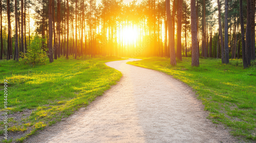 Obraz premium Sunlit forest path winding toward bright sunrise, peaceful natural trail and trees