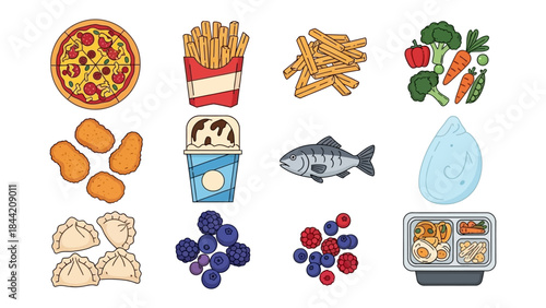 Variety of delicious and healthy food options, from fast food to fresh produce, presented in a visually appealing grid layout
