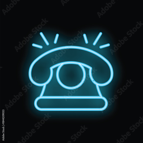Bright blue neon sign of a ringing vintage telephone on a black background