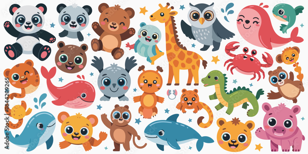 Naklejka premium big set of cute cartoon animals in colorful vector illustration style, featuring friendly characters and playful expressions, perfect for children’s books, educational materials, stickers, and creativ