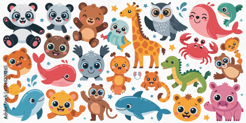 big set of cute cartoon animals in colorful vector illustration style, featuring friendly characters and playful expressions, perfect for children’s books, educational materials, stickers, and creativ