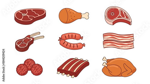 Collection of delicious raw and cooked meats, including steak, ribs, chicken, bacon, and sausages, perfect for culinary inspiration and design