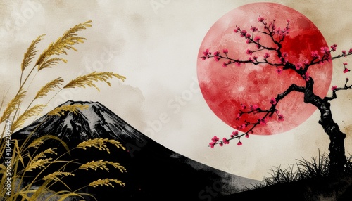 Wallpaper Mural Japanese Ink Art with Red Sun and Cherry Blossoms Torontodigital.ca