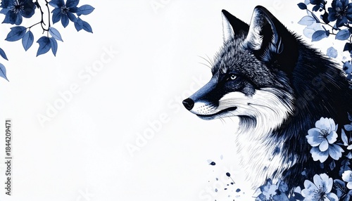 Wallpaper Mural Elegant Fox with Floral Elements in Blue Ink Illustration Torontodigital.ca