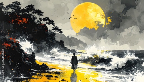 Wallpaper Mural Dramatic Seascape with Full Moon and Samurai Torontodigital.ca