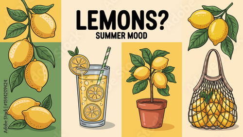 Lemons Summer Mood Collage with Fresh Fruits and Refreshing Drinks