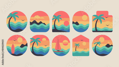 Beach icons with palm trees, sunsets, and ocean views in a flat design style for travel and tourism branding.
