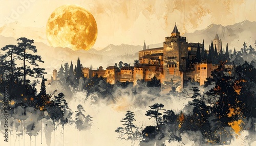 Wallpaper Mural Enchanted Castle Under a Golden Moon in Misty Forest Torontodigital.ca