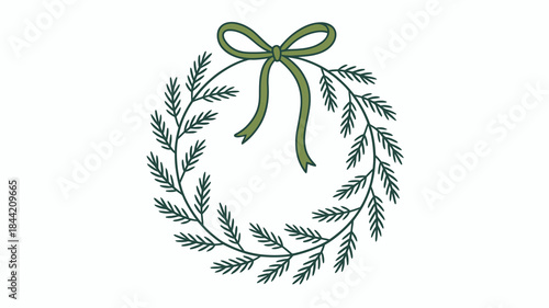 Christmas Wreath with Green Ribbon and Leaves on White Background