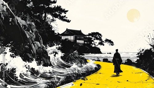 Wallpaper Mural Retro Japanese Landscape with Temple and Sea Torontodigital.ca