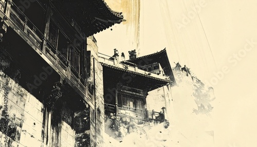 Wallpaper Mural Traditional Chinese Architecture in Vintage Ink Style Torontodigital.ca