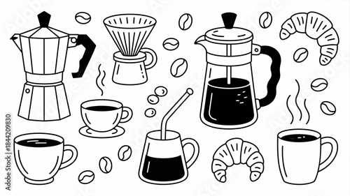 Coffee and Croissant Illustrations: Various Brewing Methods and Baked Goods
