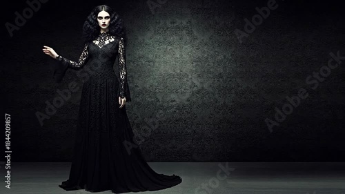 Mysterious Gothic Woman Posing in a Long Black Gown.