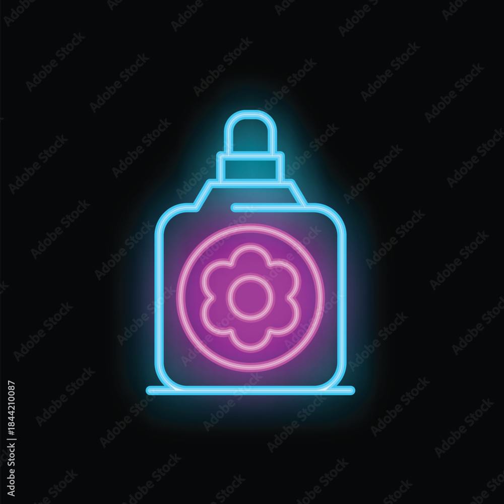 Obraz premium Neon sign of a cosmetic product with a floral scent, glowing against a dark background