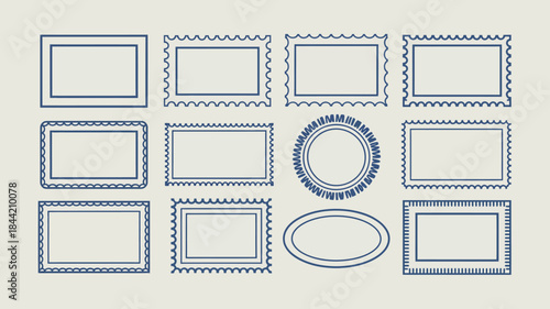 Collection of blank label and stamp templates in blue lines on a beige background for design and editing purposes.