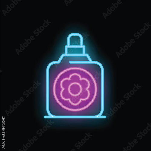 Neon sign of a cosmetic product with a floral scent, glowing against a dark background
