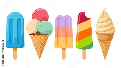 Colorful Ice Cream and Popsicle Treats on a White Background