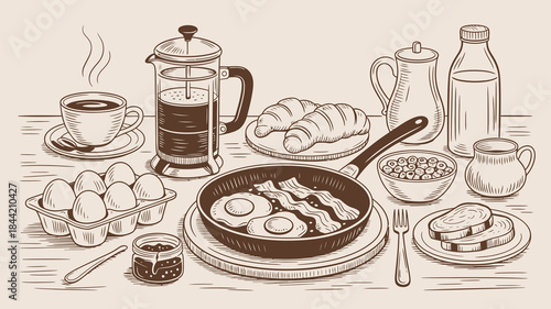 Delicious Breakfast Spread with Eggs, Bacon, and Coffee