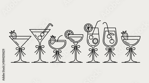 Line art illustration of various cocktail glasses with garnishes and bows