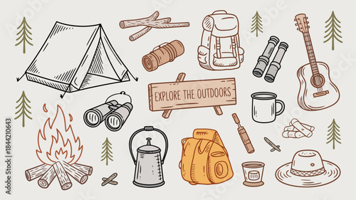 Explore the Outdoors Camping and Hiking Essentials Illustration