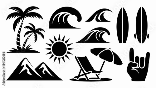 Beach and Surf Icons Set, Black Silhouettes on White Background