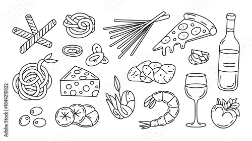 Food and drink line art icons, including pasta, seafood, wine, cheese, and fruit, for culinary and restaurant themes.