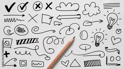 Hand drawn doodle icons and pencil on paper for creative planning and brainstorming ideas.