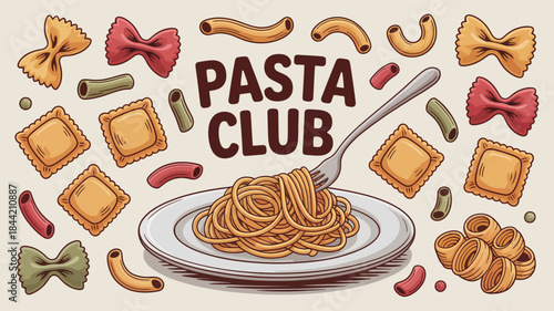 Colorful Pasta Club Illustration with Various Shapes and Text