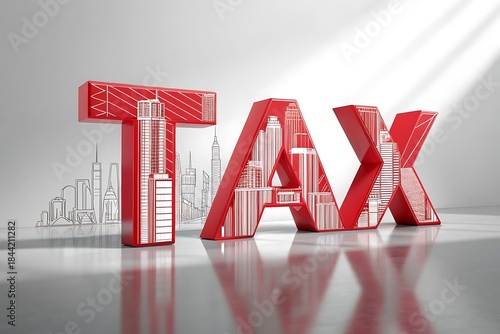 A striking visual representation showcases the word tax constructed from detailed skyscraper buildings symbolizing urban finance and economic responsibilities high-quality