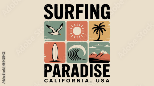 Vintage Surfing Paradise California USA Graphic Design