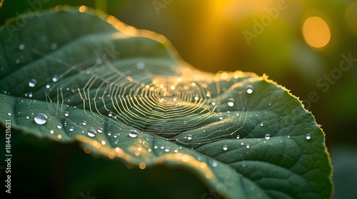 Detailed close up of a spider web spun on a green leaf with morning dew drops, highlighting nature intricate designs suitable for wildlife and ecology themes.