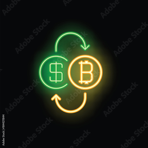 Neon sign illustrating the concept of cryptocurrency exchange with a bitcoin symbol exchanging with a us dollar symbol