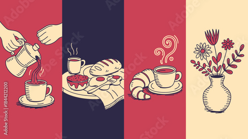 Breakfast and Coffee Illustrations with Pastries and Flowers